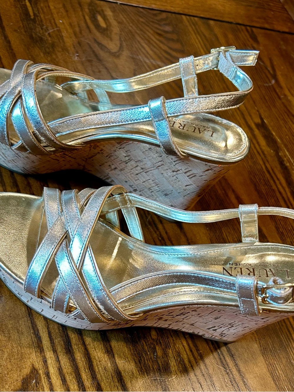Ralph Lauren Quaylin Gold Wedge Sandals, Size 8.5